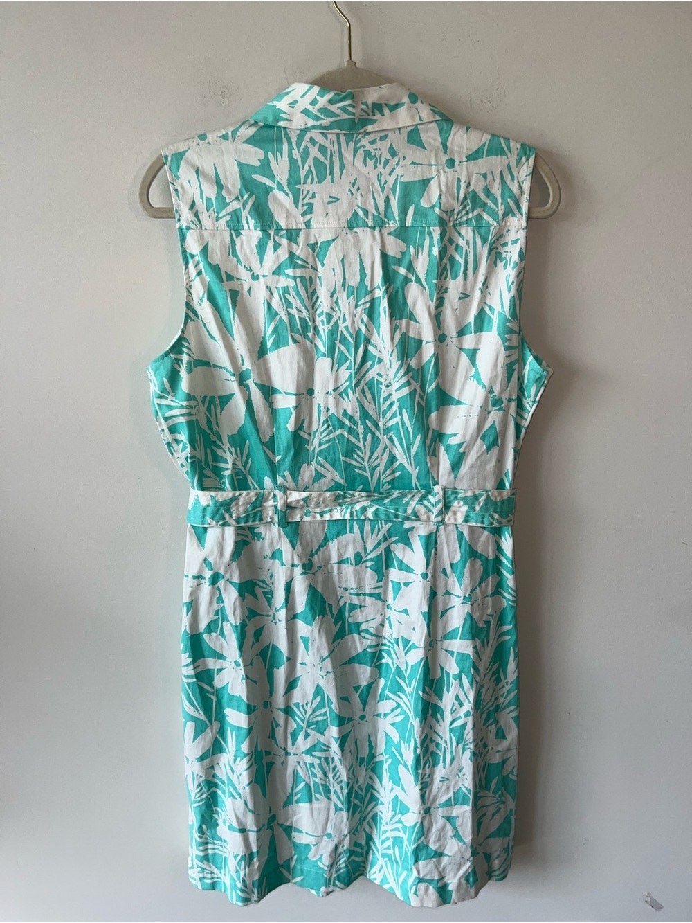 Island Republic Sleeveless Teal & White Floral Shirt Dress Tie Waist 100% Cotton - Picture 6 of 9